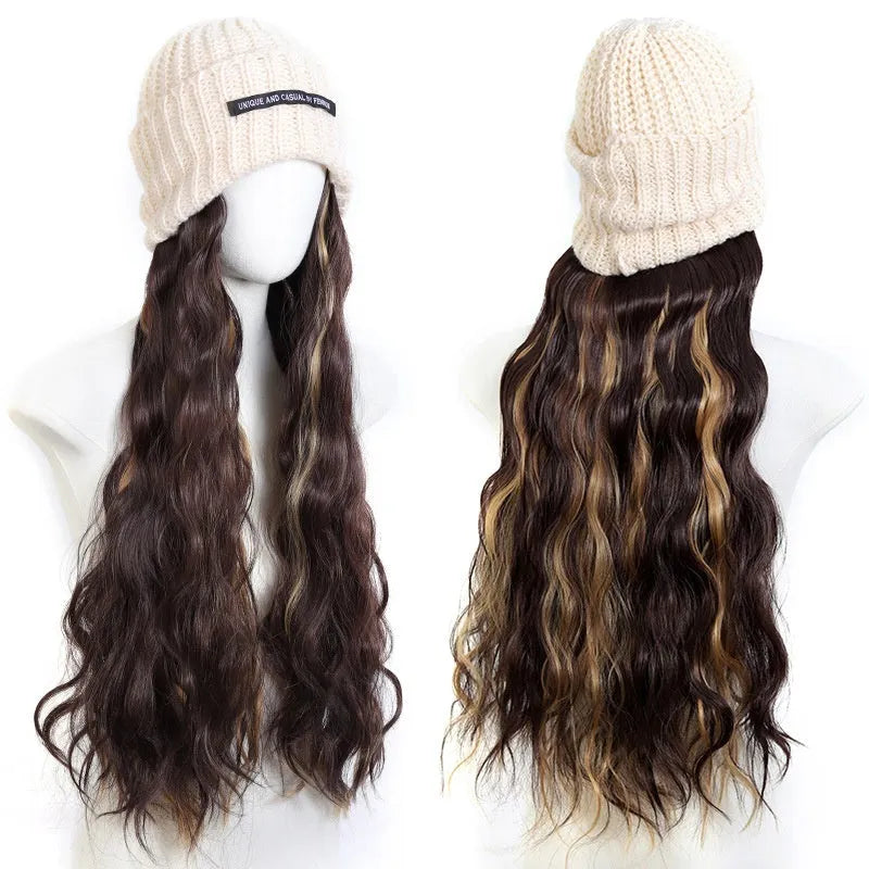 Hat wig with long curly high temperature fibre hair in multiple colour options