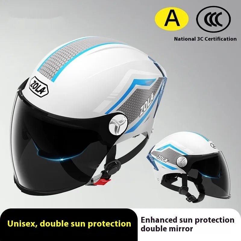 3C certified motorcycle half helmet showing integrated sun visor and dual anti-fog mirrors on a swivel mount.