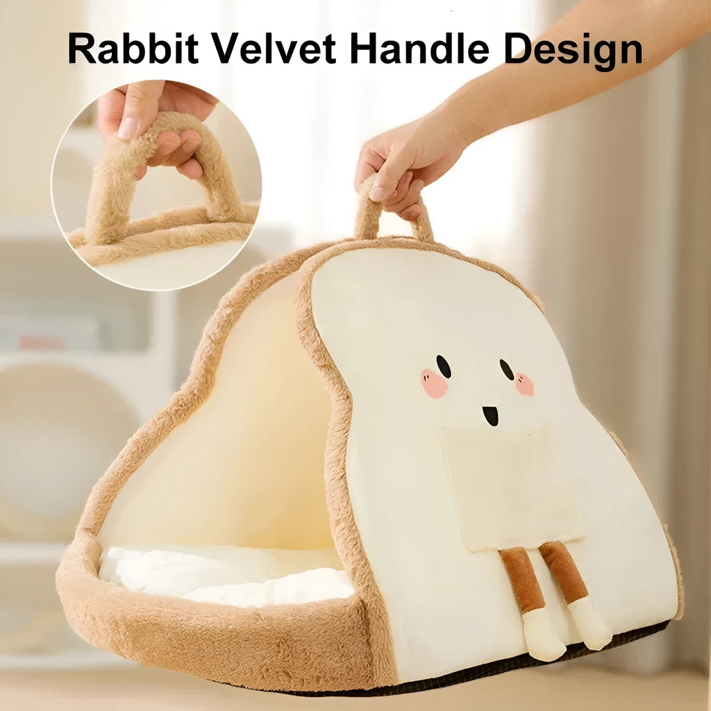 Green winter cat tent pet bed with a removable blanket inside, shown next to a yellow version.