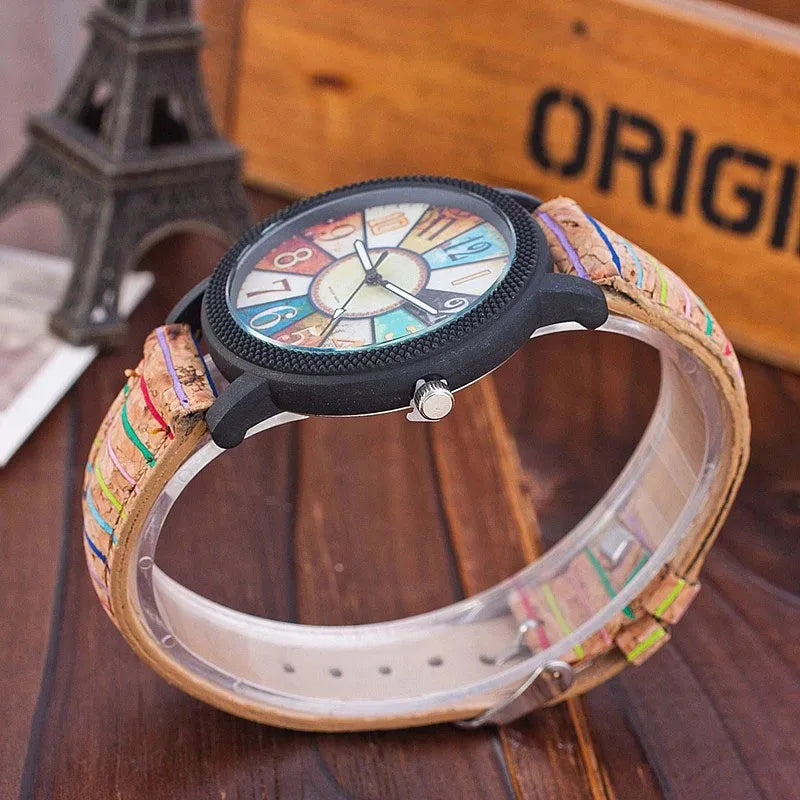 Women's vintage leather strap quartz watch with 37mm round dial and tempered glass crystal