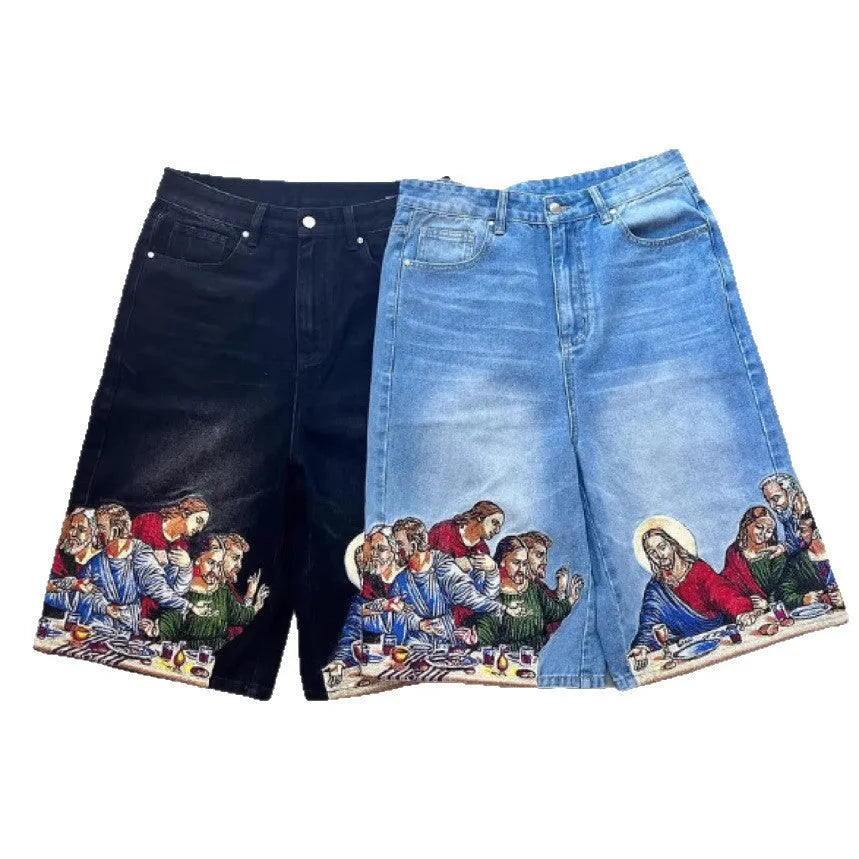 Men's blue cotton shorts with Jesus printed back pocket in tapered casual design