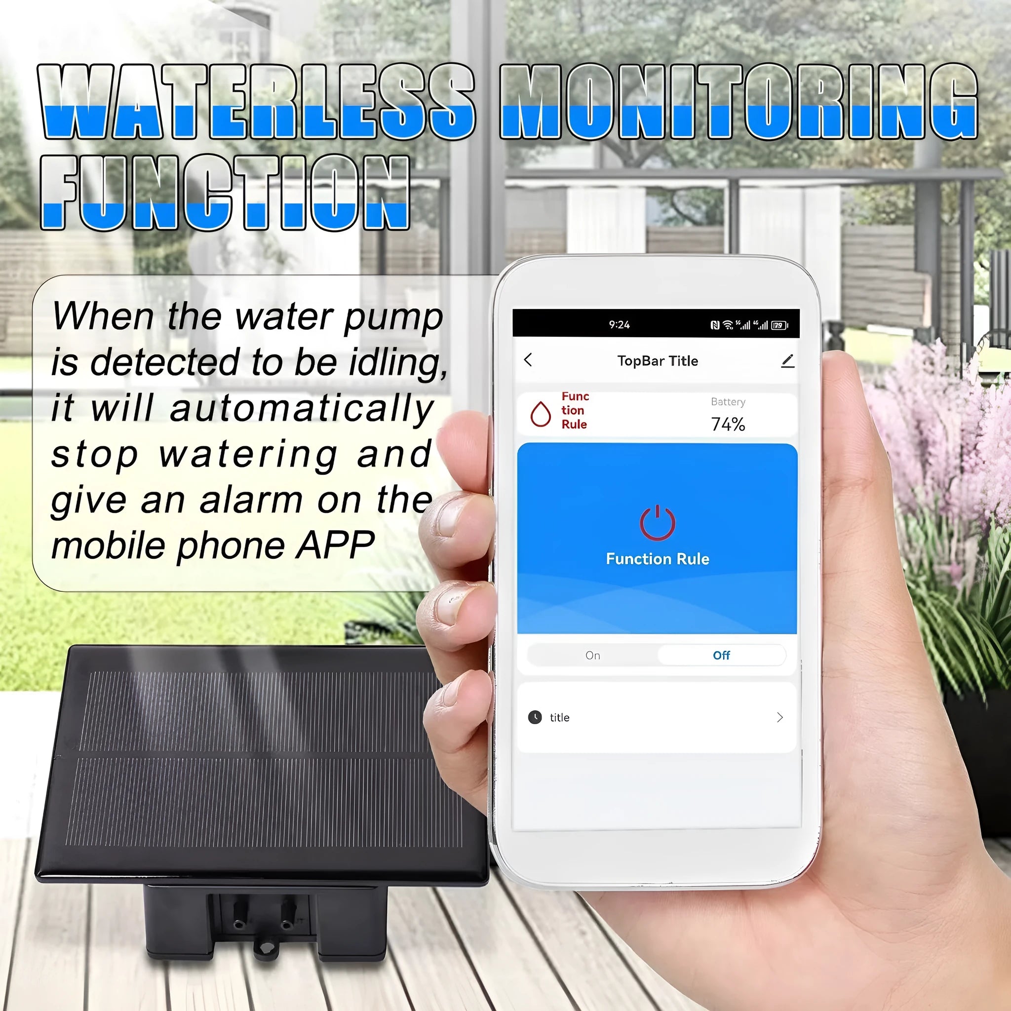WiFi control automatic watering system with black tube and 10 adjustable drippers on a garden bed
