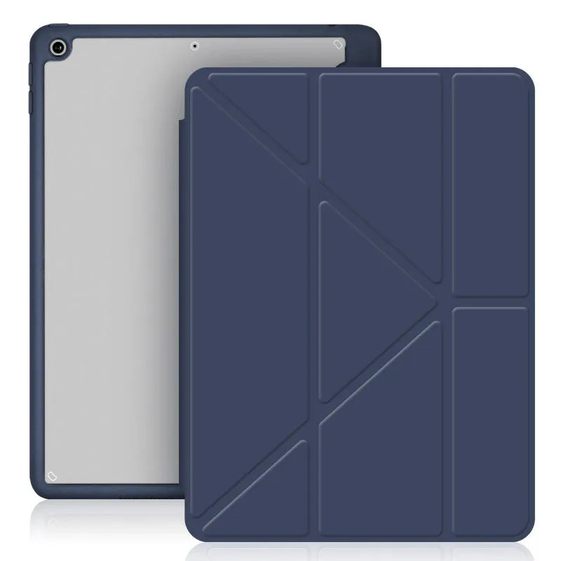 Imitation leather iPad case in dark grey showing folded bracket stand and open pen slot for Apple Pencil.