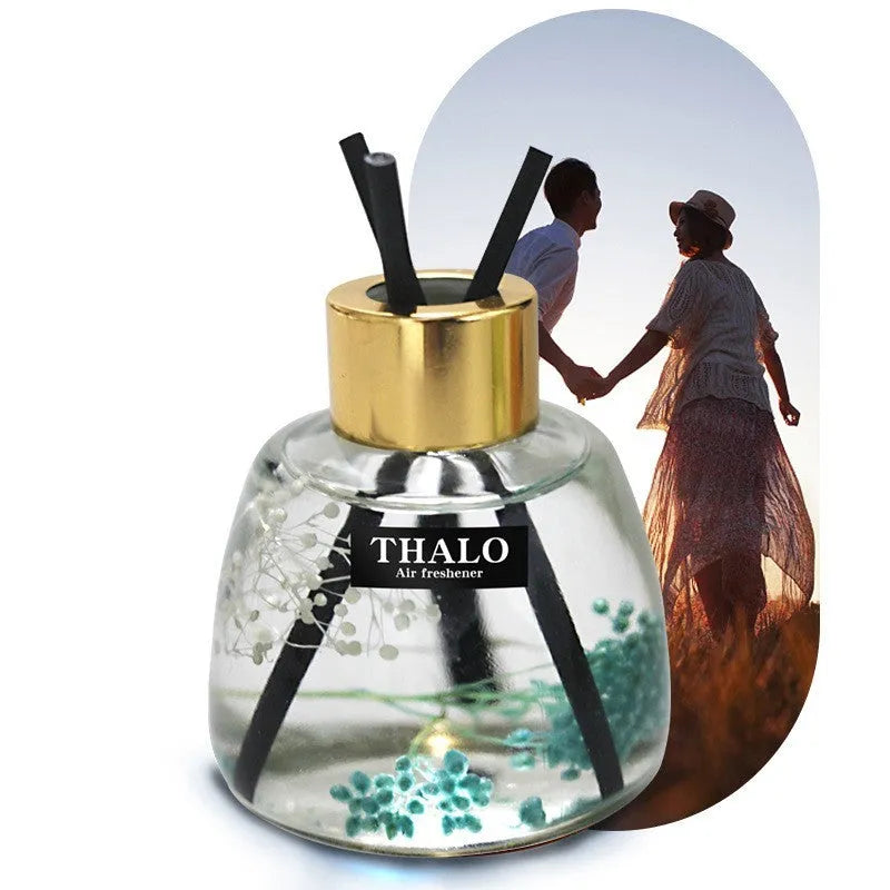 Glass bottle car perfume ornament with loose incense in decorative colours.