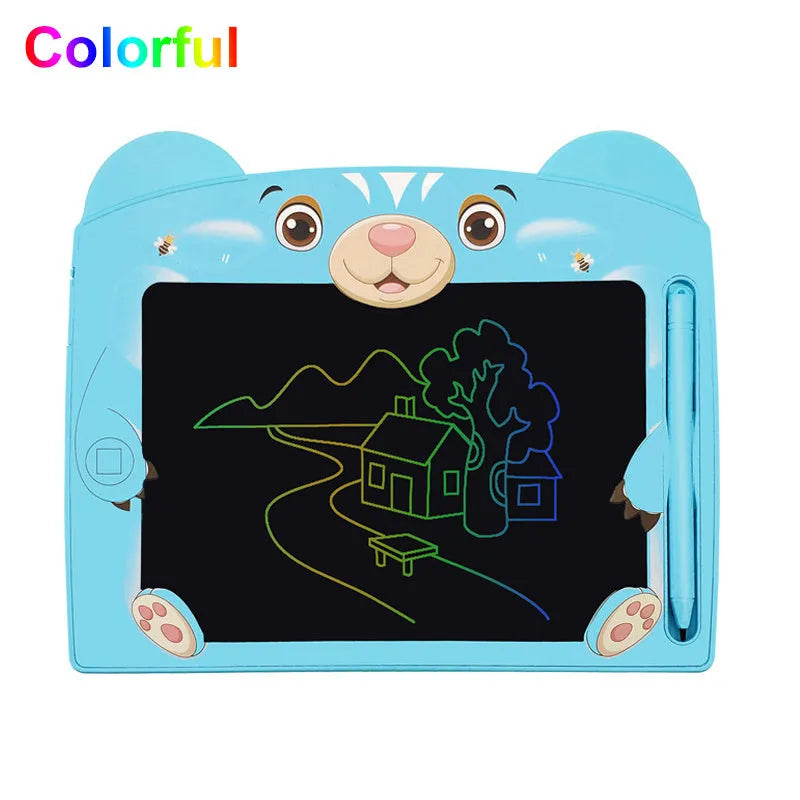 Sky blue children's LCD writing tablet with bear cartoon design showing writing area and stylus