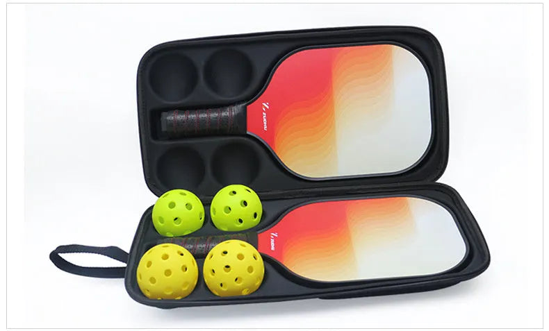 Black waterproof EVA pickleball bag with double shoulder straps, holding one racket and four balls.