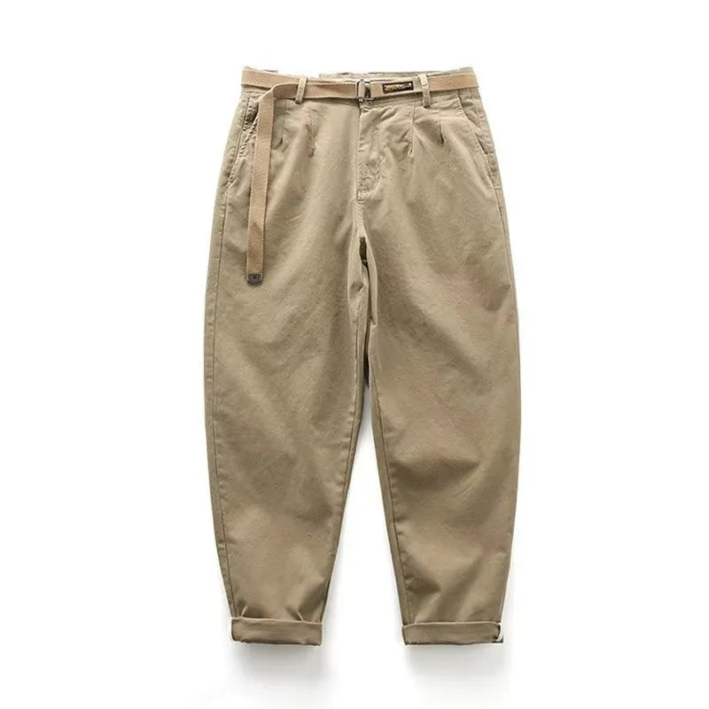 Men's Japanese leisure overalls straight loose fit cotton blend trousers in khaki with belt