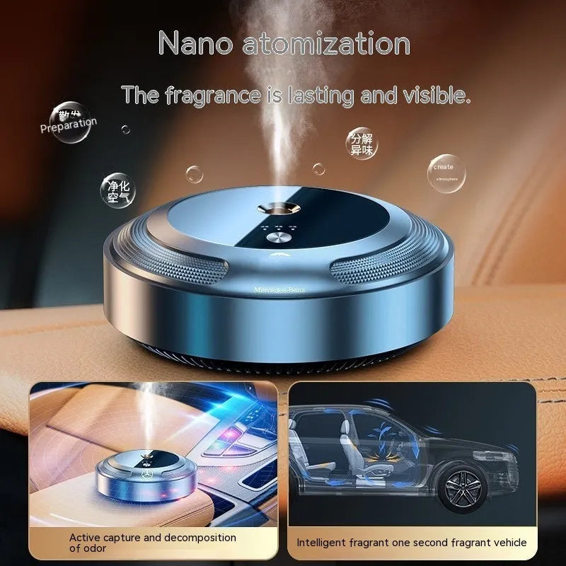 Automatic car air freshener with zinc alloy shell showing three fragrance bottles and charging cable