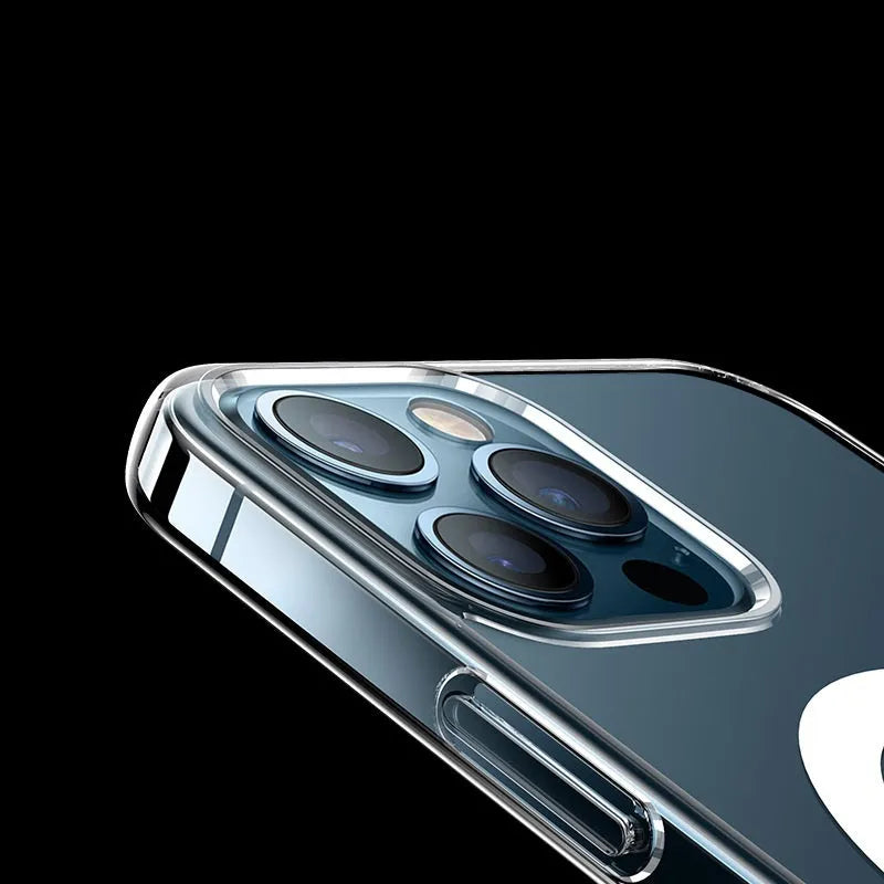 Fully transparent magnetic back cover case for iPhone showing integrated magnet ring on a phone.