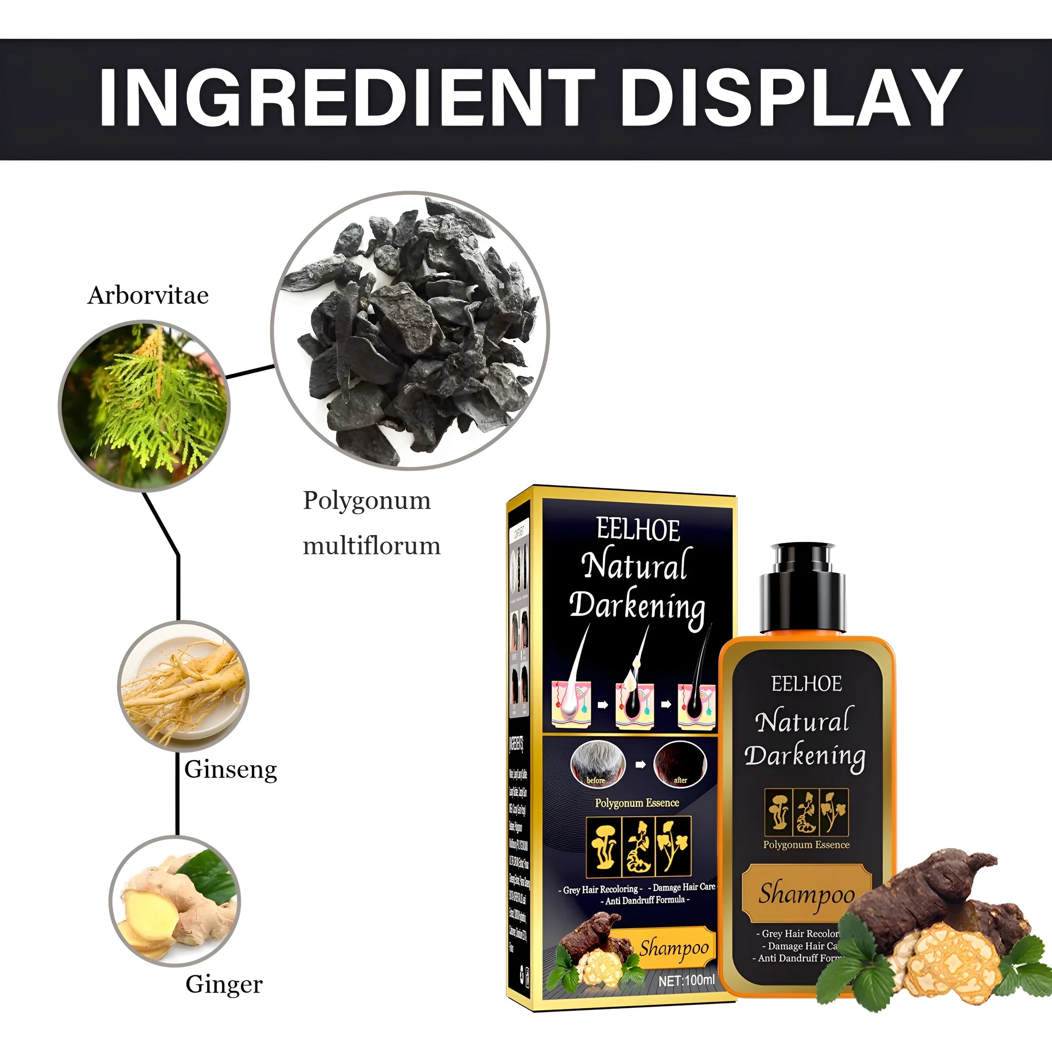 100ml boxed Polygonum Multiflorum shampoo for natural hair colour restoration and cleansing