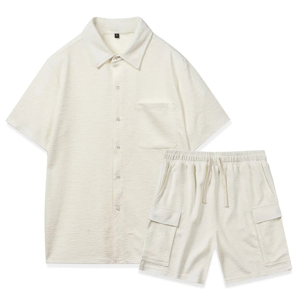 Plain polyester elastic waist shorts and short sleeve top co-ord set in beige colour.