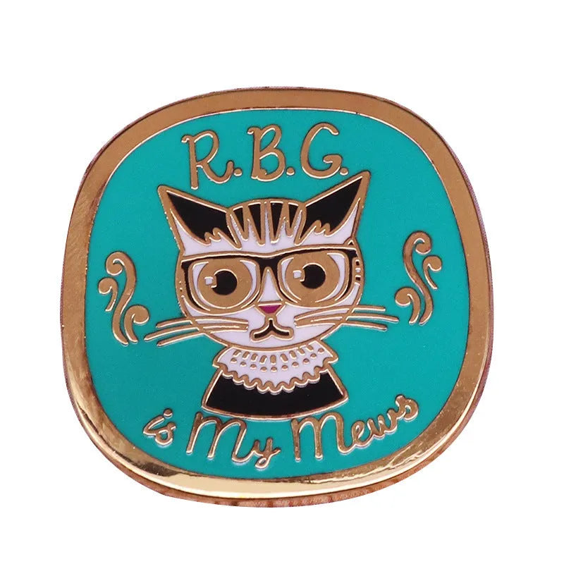 Gold copper RBG cat brooch, 30mm, Ruth Ginsburg inspired women's power equality badge with butterfly or rubber buckle