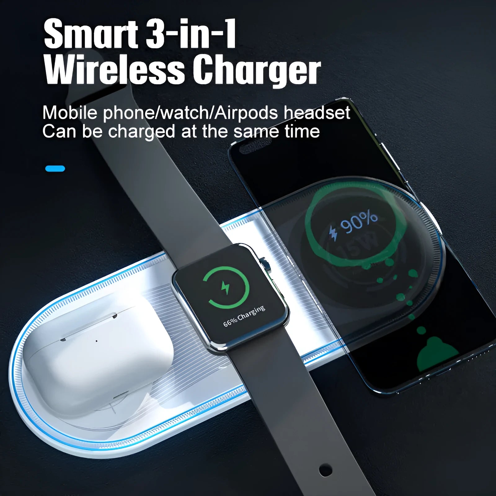 Flat 3-in-1 wireless charger with ambient light indication function White colour option