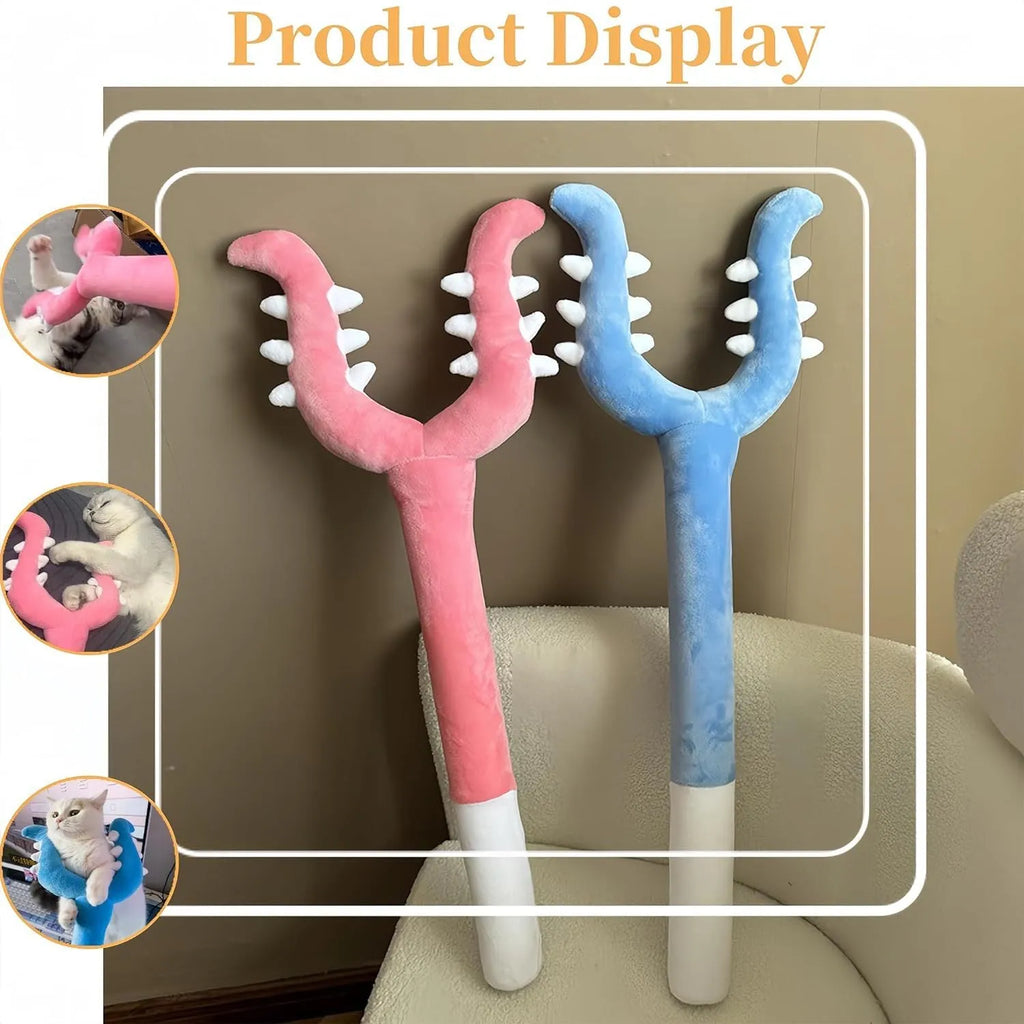 Blue plush cat wand toy with 70cm shaft and foam-filled head for interactive play