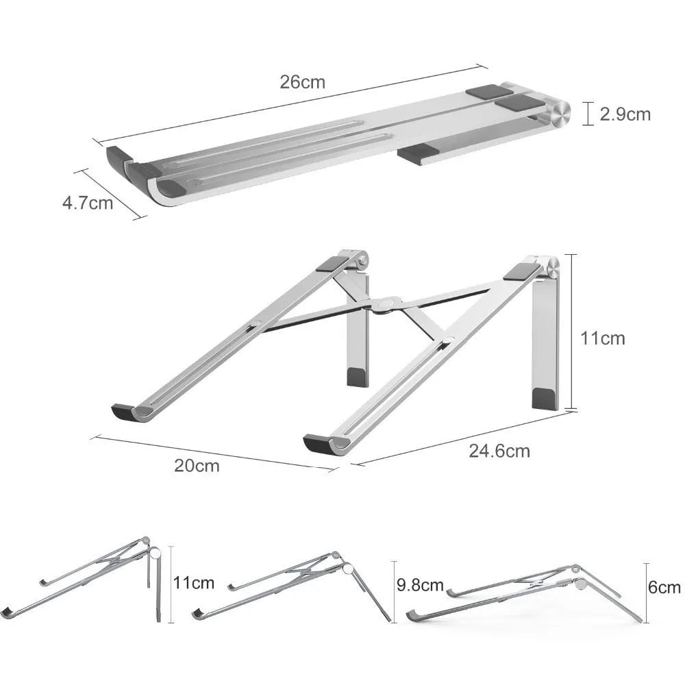 Black aluminium adjustable notebook stand for laptops on a desk.
