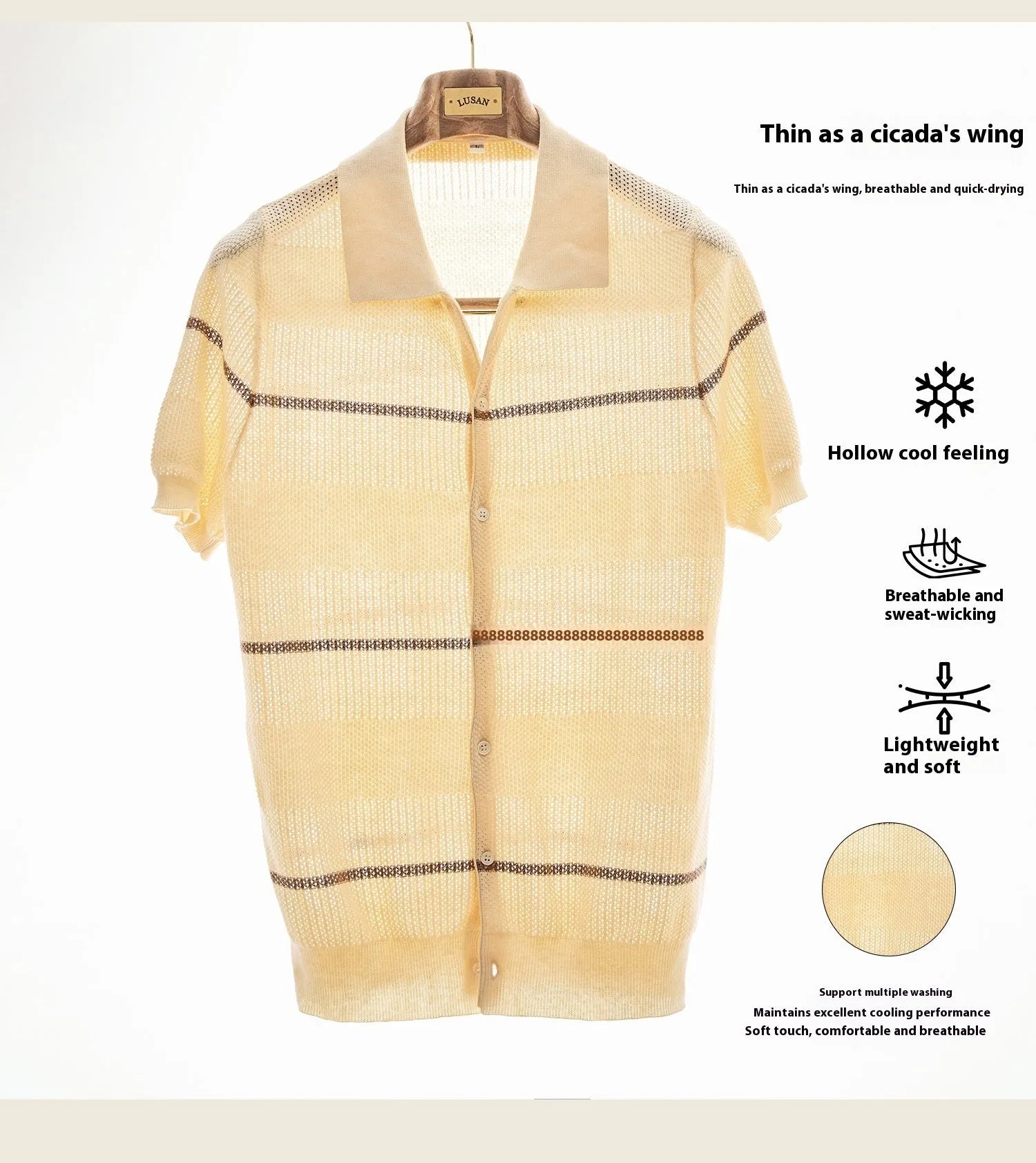Camel coloured linen cotton blend short sleeve cardigan with lapel collar on hanger