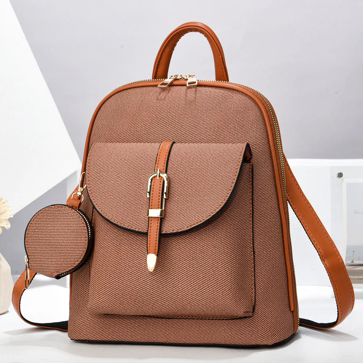 Multi-functional one-shoulder ladies travel backpack crossbody bag in PU shell shape with sandwich pocket, apricot colour, 31x28x11cm