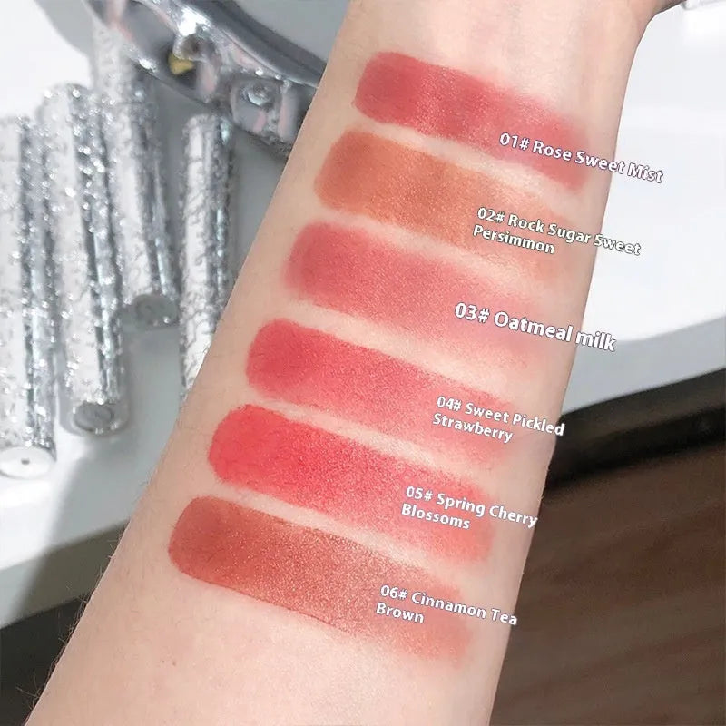 Velvet Mist Lip Mud Matte Lipstick tube showing six shade options from rose to brown.