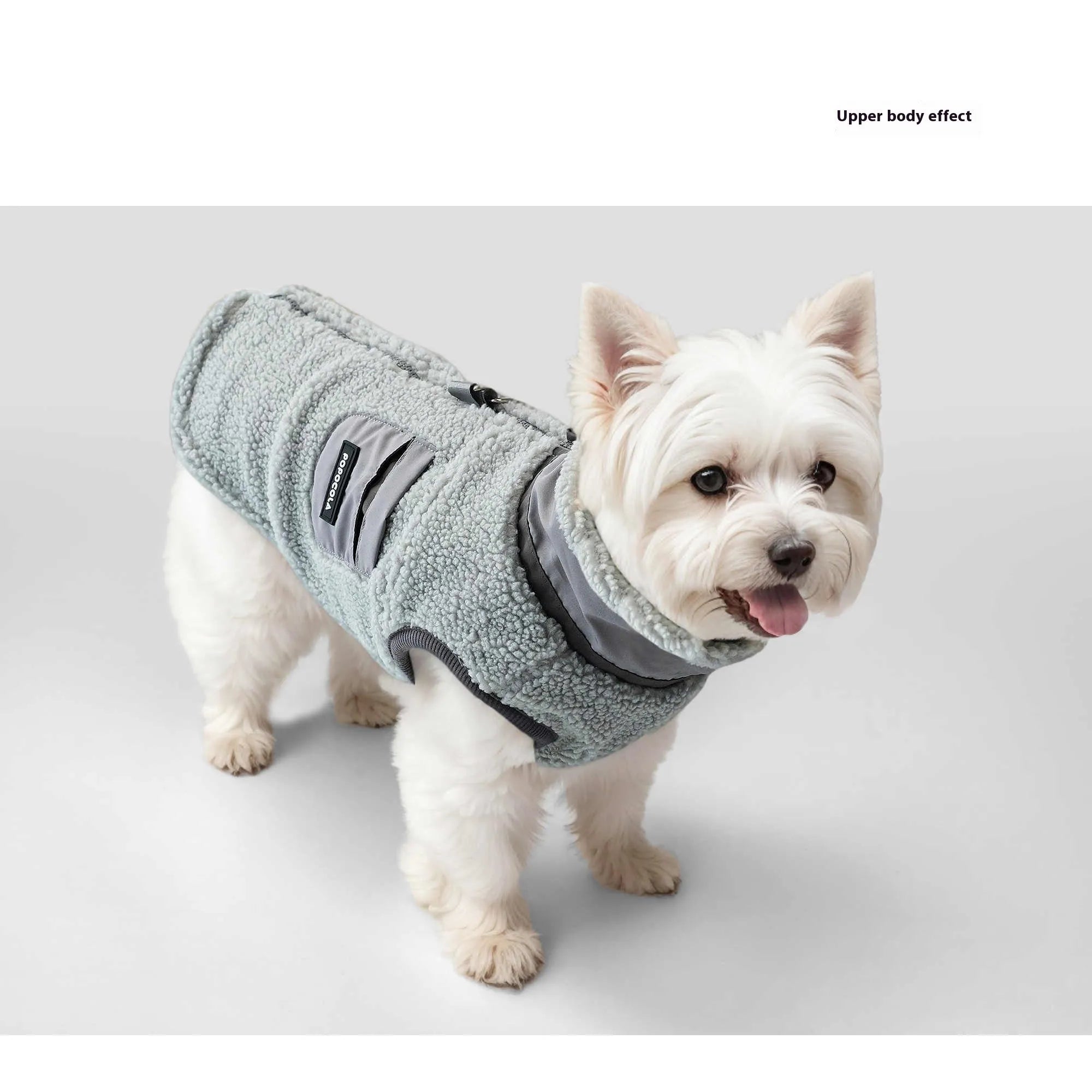 Grey lambswool traction vest for small to extra large dogs, front view