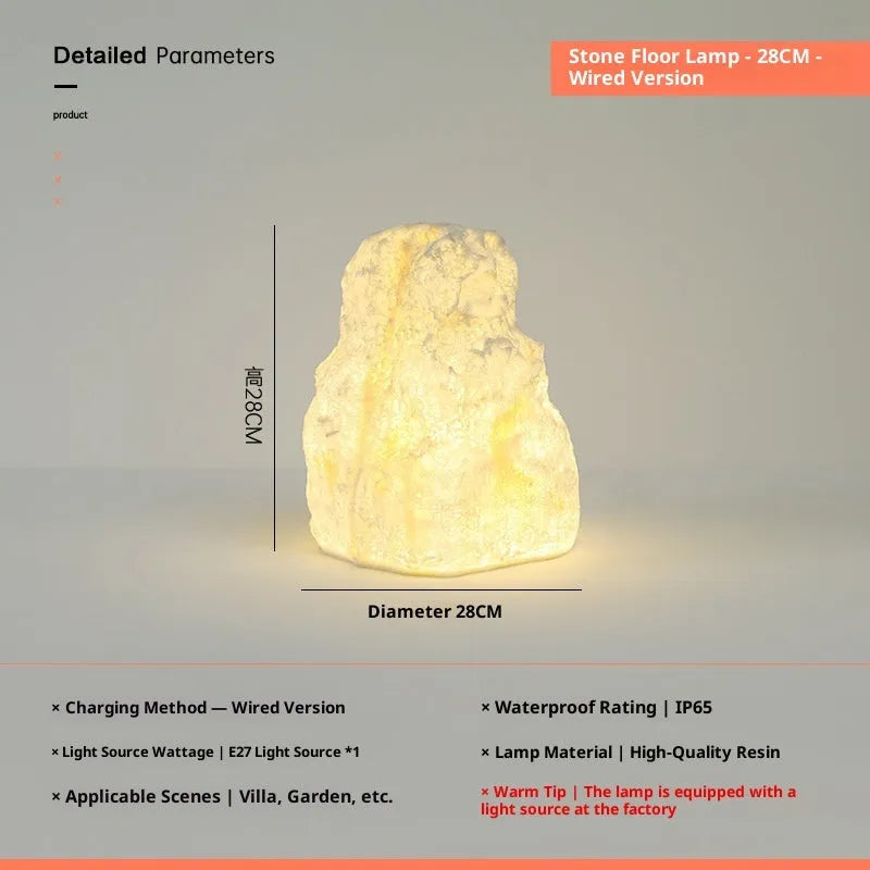 Outdoor waterproof stone resin floor lamp with warm light, IP65 rated for garden or courtyard use
