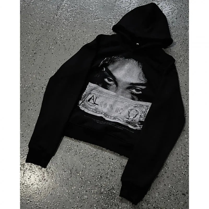 Black women's hoodie with cartoon print design in loose fit polyester fabric