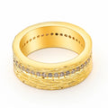 Gold geometric zircon ring for women on a white background, showing electroplated copper construction.