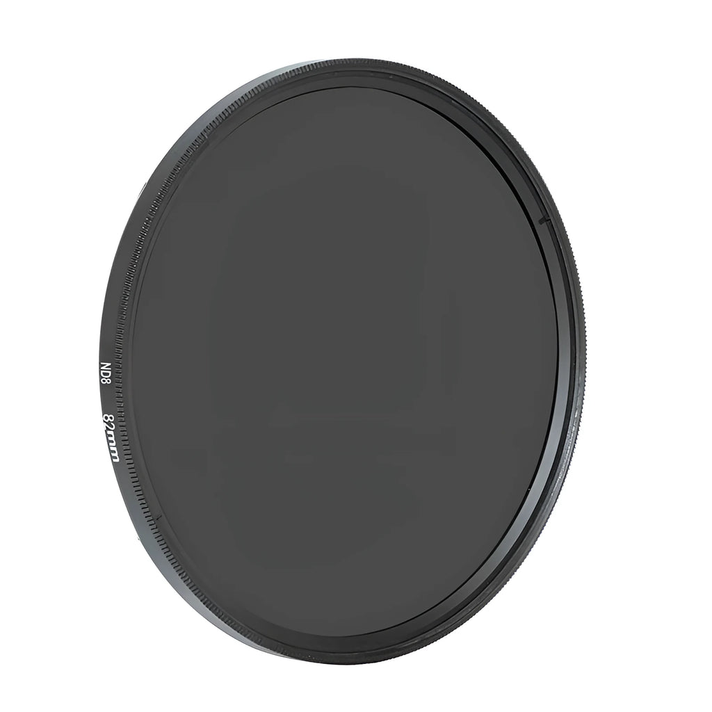 Redcircle ND8 neutral density camera filter with silver aviation aluminium frame on a camera lens.