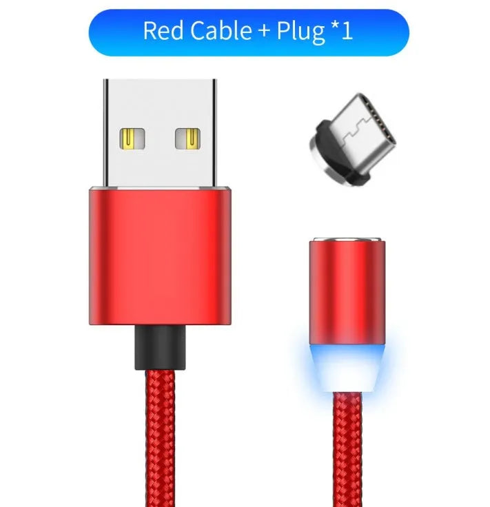 Black magnetic LED charging cable with aluminium shell and woven texture, showing LED light and connector.