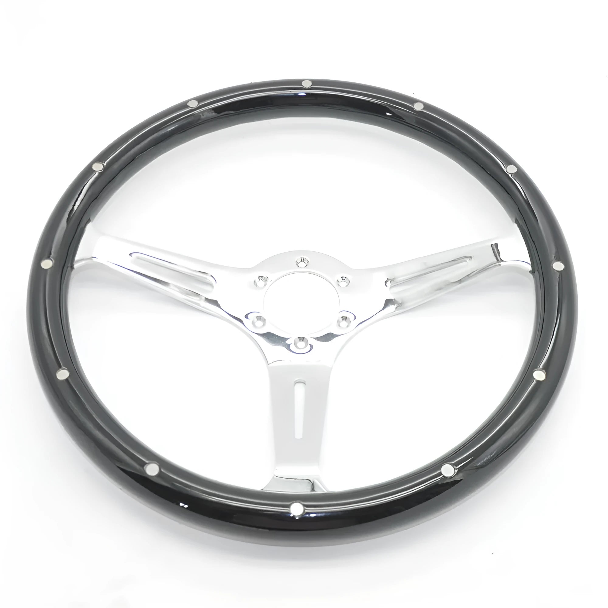 15-inch black wooden steering wheel for classic cars with peach wood construction and electroplated finish