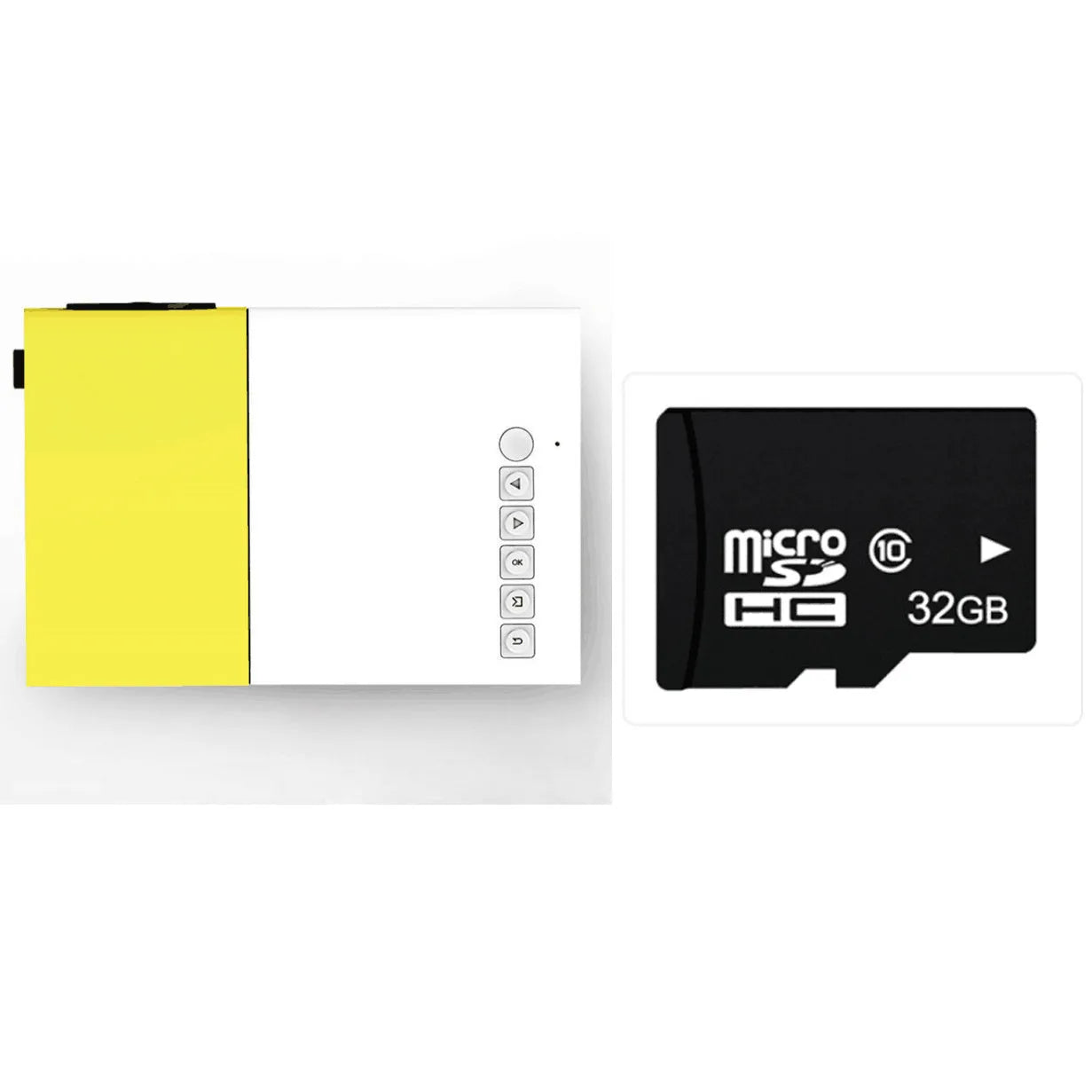 Yellow 1080p LED mini projector YG-300 with HDMI, USB, and TF card slots for portable home cinema