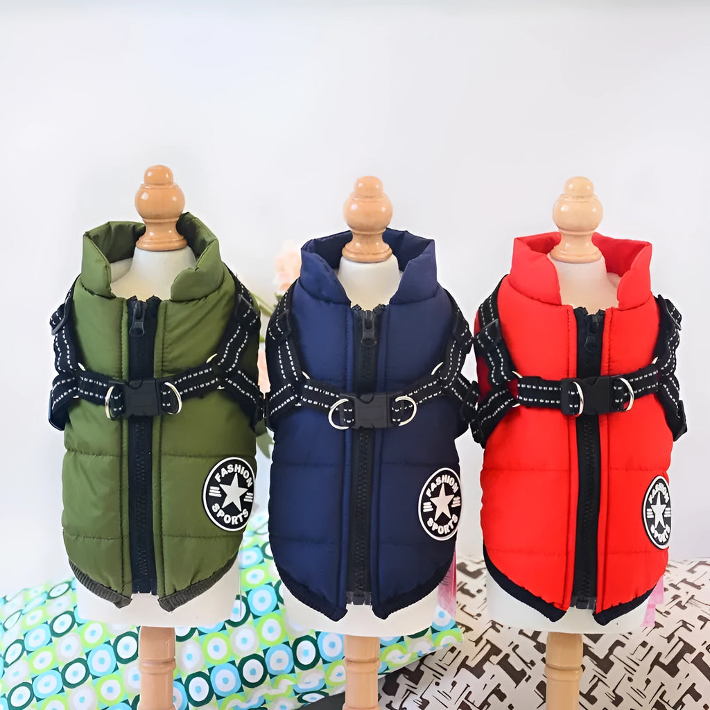 Waterproof dog coat with built-in harness in red, navy blue, or army green colours
