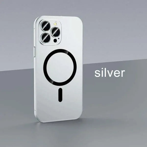 Magnetic iPhone case with aluminium alloy frame in dark purple, blue, silver, black, or gold colour.