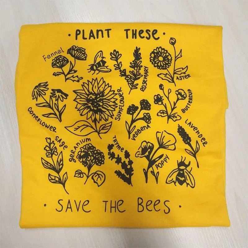 Women's casual Save The Bees t-shirt in white with cartoon print, short sleeves, 50% cotton