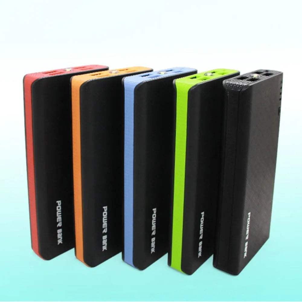 Blue 20000mAh portable power bank with USB port, shown next to a mobile phone for scale.