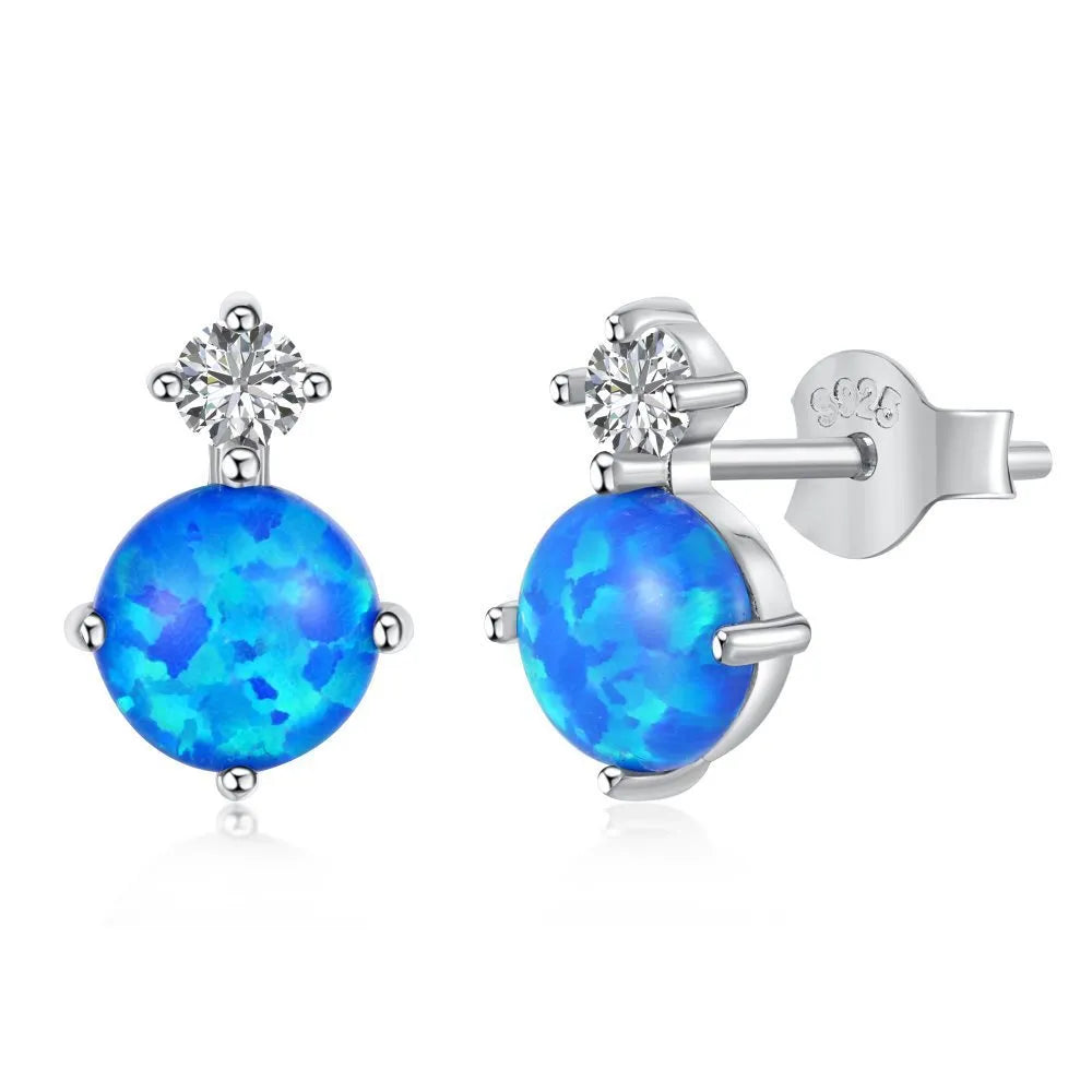 S925 sterling silver blue geometric round earrings for women, electroplated minority style, 1 pair