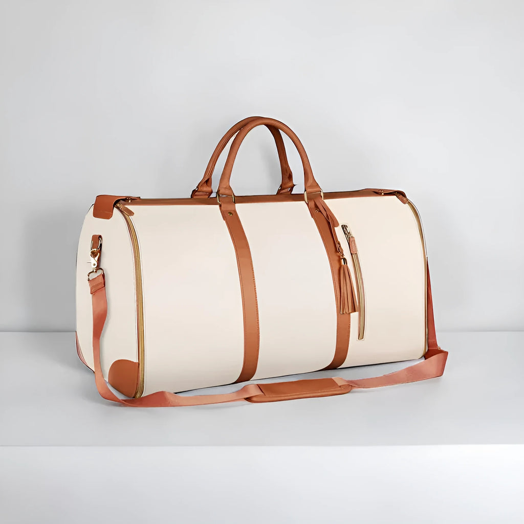 Waterproof PU leather travel bag in pink, one-shoulder crossbody design, 52x25x32cm, 20-35L capacity