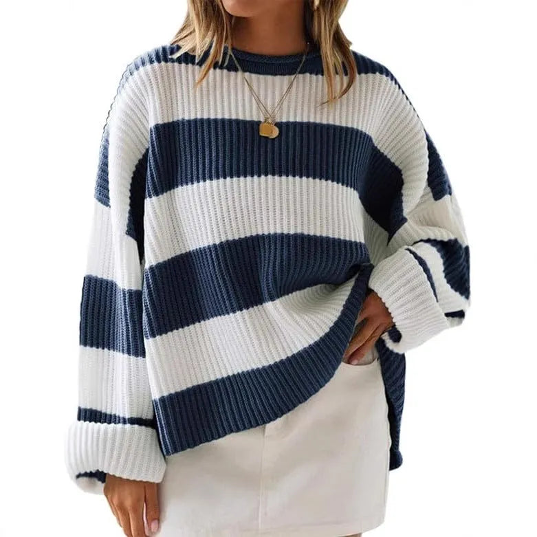 Women's bell sleeve loose striped knit sweater pullover in viscose fibre with crocheted flower detail