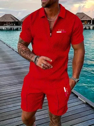 Men's casual retro plaid beach suit set with Paris heat transfer patch short sleeve T-shirt and shorts in multiple colours