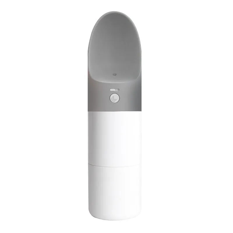 White and grey Moestar Rocket shaped pet water bottle with cup head and lock button.