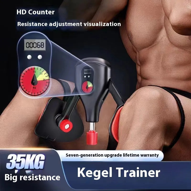 Men's black Kegel trainer for PC muscle exercise with straps and handle on a grey background.