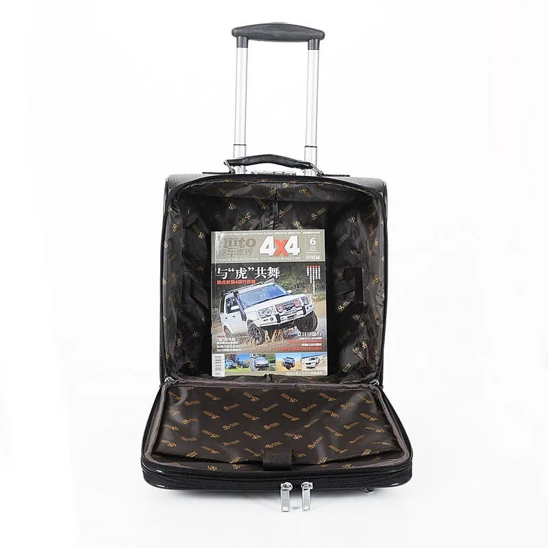 Black PU leather wheeled business case with TSA combination lock and airplane-style wheels
