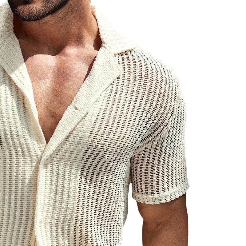 Men's retro light yellow striped Henley shirt with short sleeves and lapel collar, casual loose fit