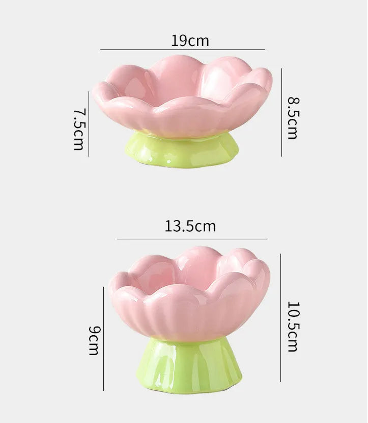 Pink ceramic raised cat bowl with flower shape and non-slip base, 15-degree angle, for small to medium cats
