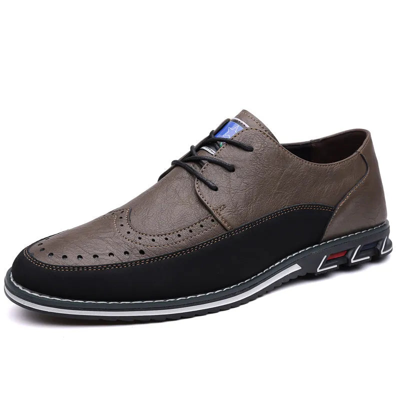 Men's low-top casual leather shoes in black with a leather toe cap, decorative sewing lines, and a rubber sole.