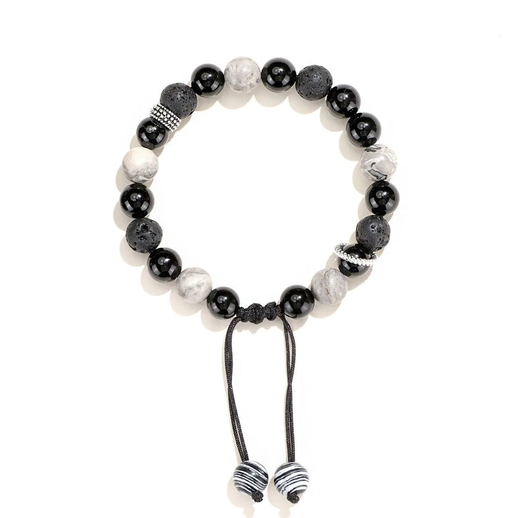 Black agate map stone volcanic rock bracelet with diamond-shaped beads and electroplated finish