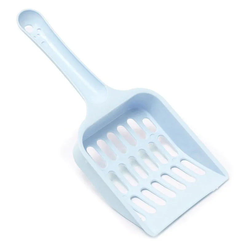 Blue plastic cat litter scoop showing 20cm length and 9cm width for pet tray cleaning