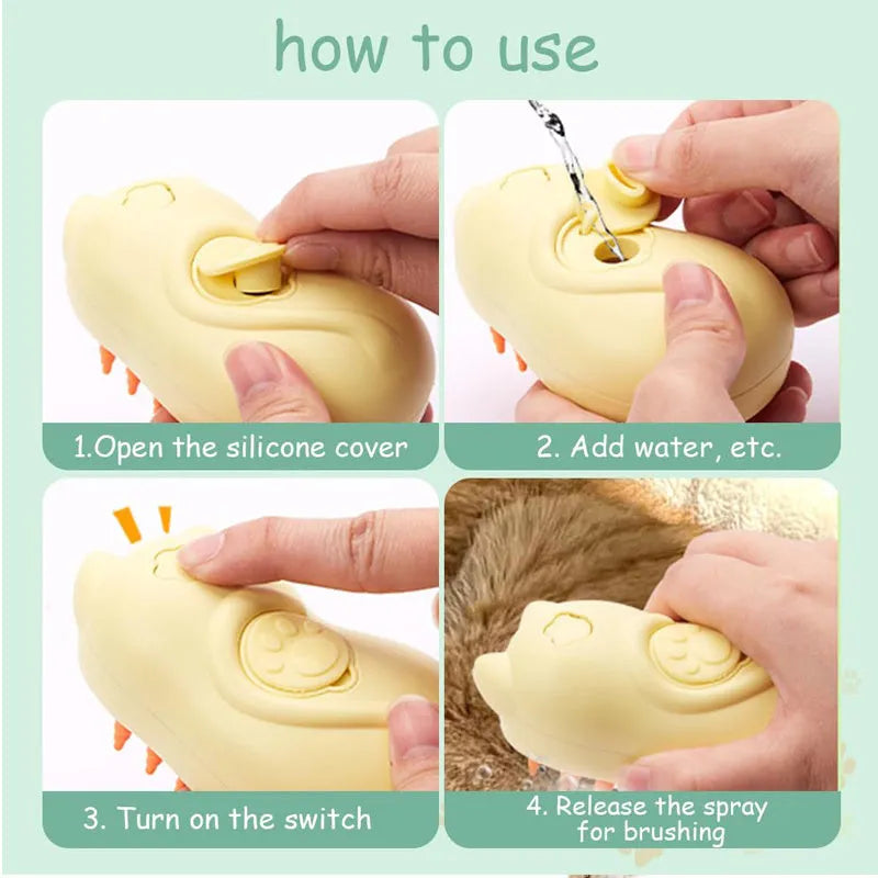 Pet grooming steam brush with ergonomic handle for cats and dogs