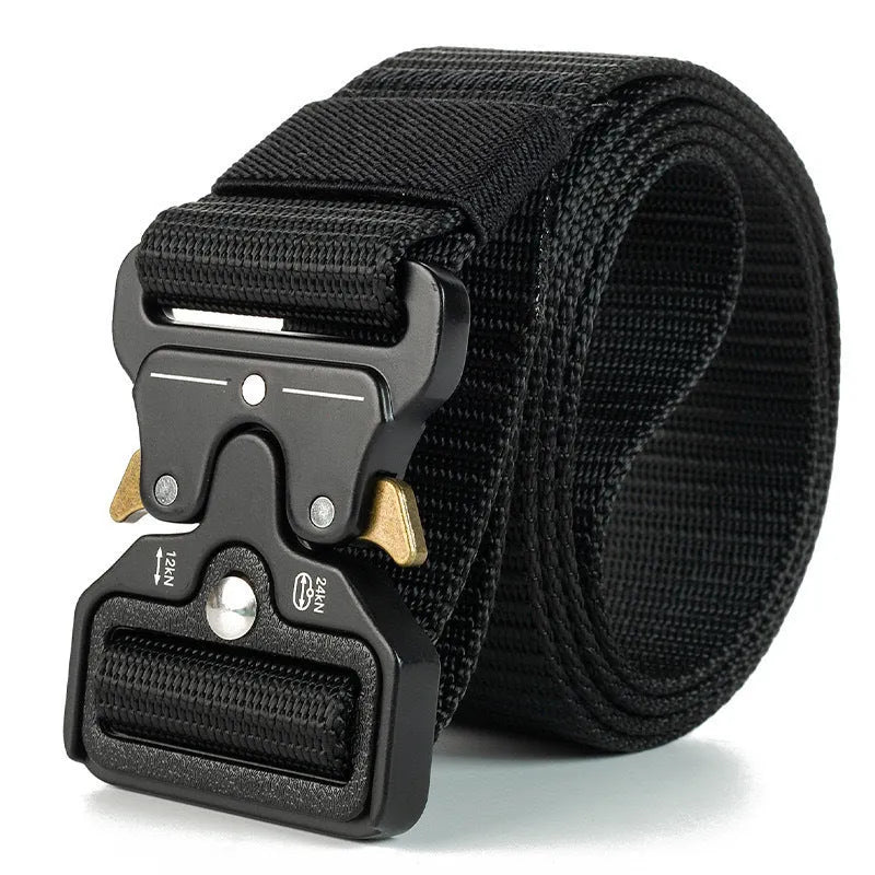 Men's thick canvas tactical belt with alloy buckle shown in Army Green colour on 120cm length