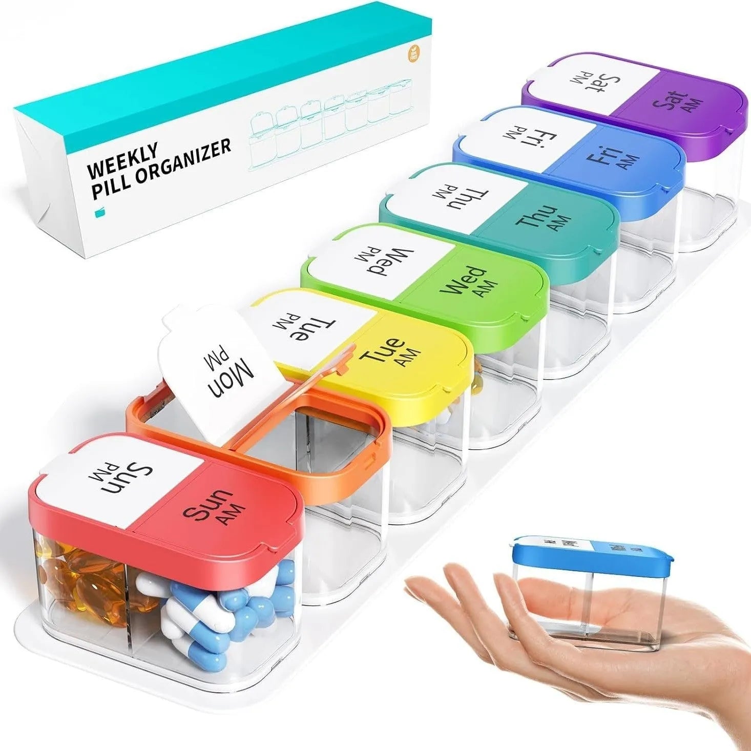 White and rainbow coloured portable pill box dispenser with 14 removable compartments shown open.
