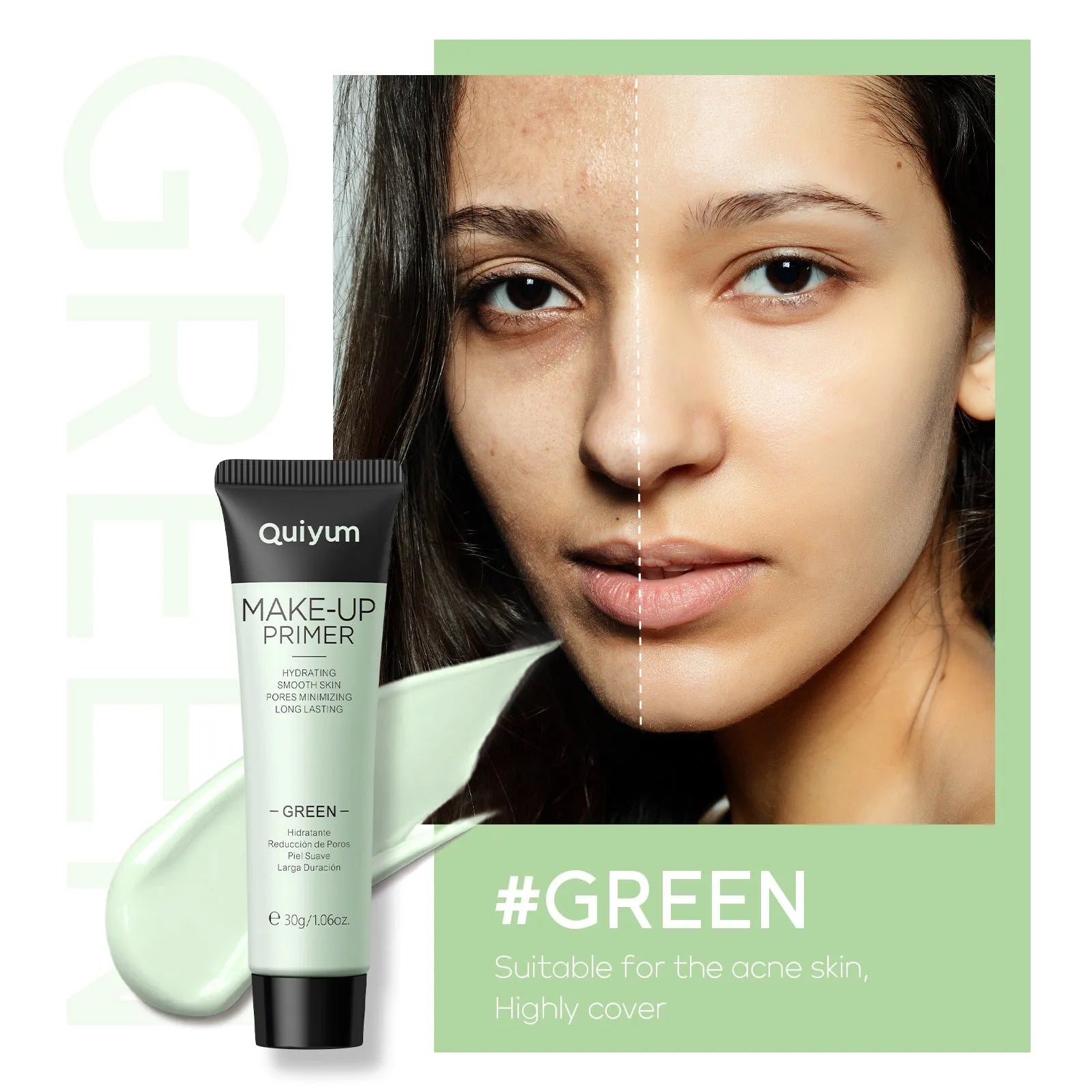 30g moisturising makeup primer tube with colour options: green, pink, and purple.